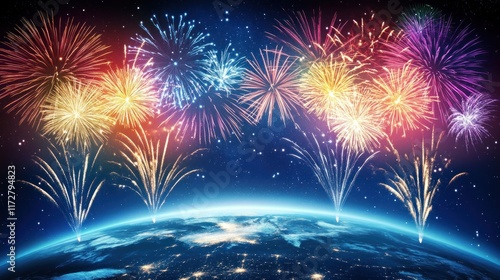 Colorful fireworks explode over a planet Earth at night.