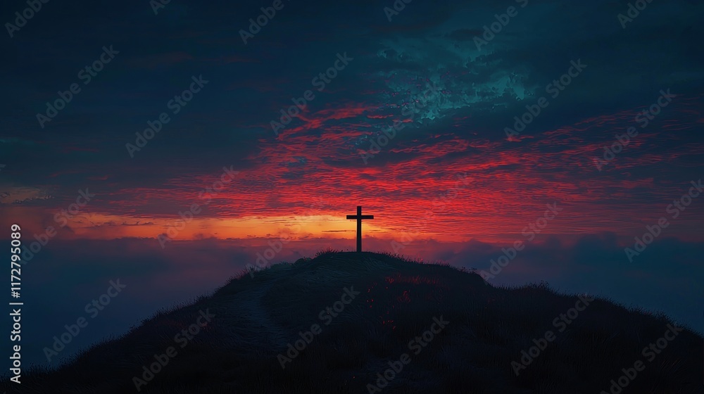 Wooden Cross on a Hilltop Against a Radiant Sunrise with Colorful Sky Wooden Cross on a Hilltop Against a Radiant Sunrise with Colorful Sky