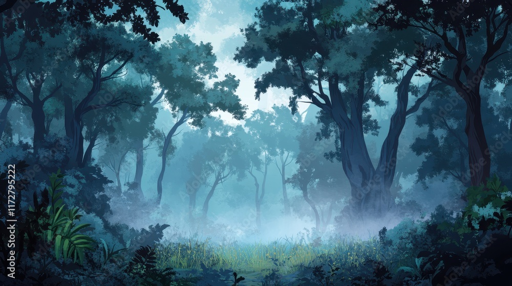 Fototapeta premium Mysterious forest landscape shrouded in fog during early morning hours