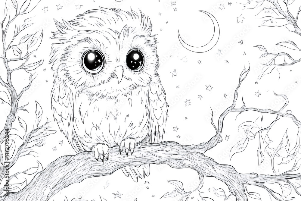 Fototapeta premium Adorable owl with big eyes sitting on a tree branch under the moon and stars, a beautiful illustration designed as a coloring page