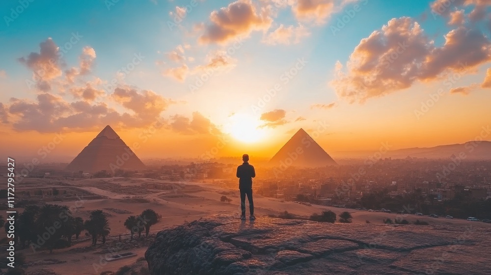 Sunset view of the Great Pyramids of Giza with a silhouetted figure during a picturesque evening Sunset view of the Great Pyramids of Giza with a silhouetted figure during a picturesque evening