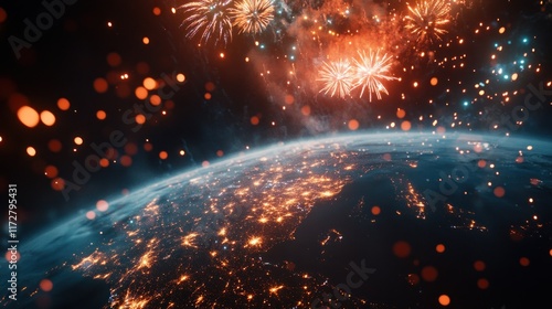Earth at night with fireworks display in space. City lights illuminate the globe with colorful explosions of fireworks.