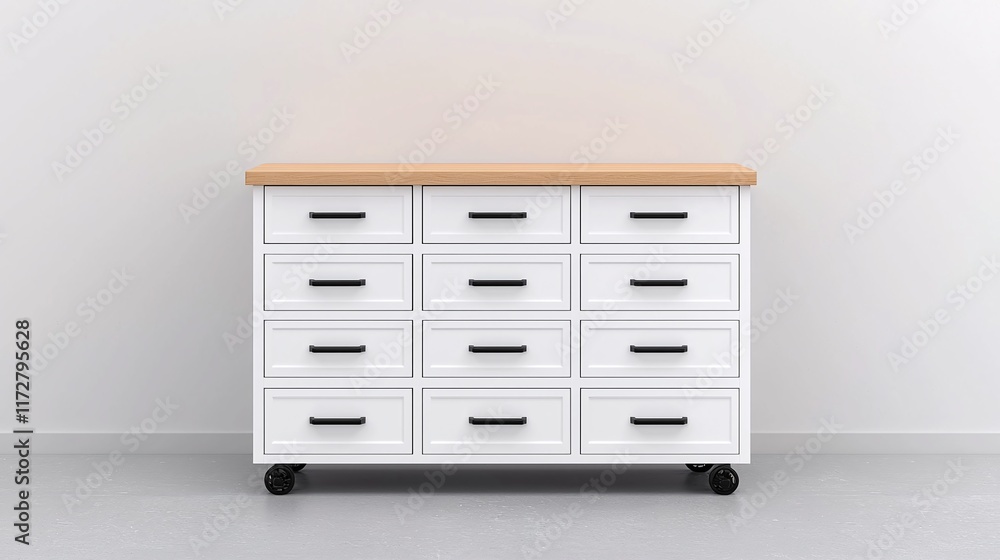 White cabinet with light wood top, twelve drawers, black handles, and wheels against a white wall. White cabinet with light wood top, twelve drawers, black handles, and wheels against a white wall.