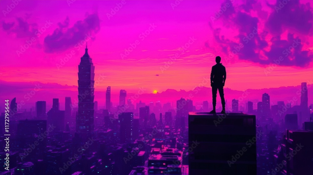 Silhouette of a Person Against a Vibrant Sunset Over a Cityscape Silhouette of a Person Against a Vibrant Sunset Over a Cityscape