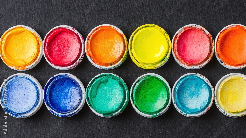 Vibrant watercolor paint pots arranged in two rows on a dark surface. Vibrant watercolor paint pots arranged in two rows on a dark surface.