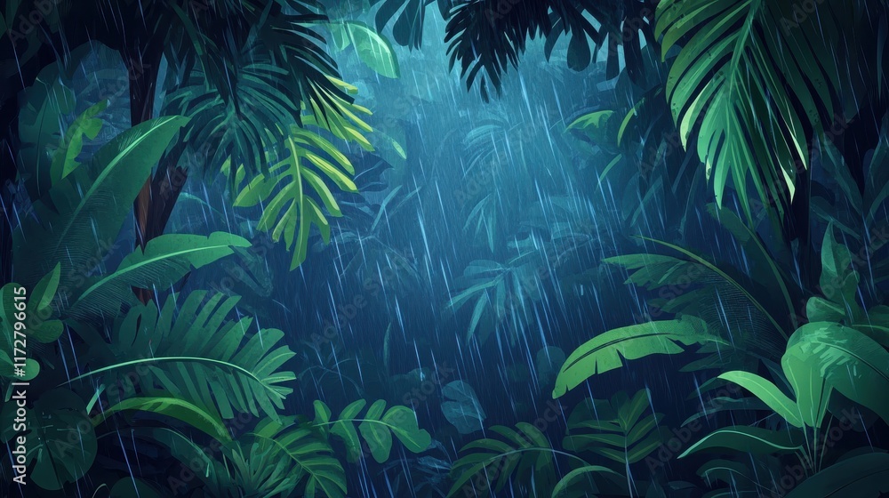 Fototapeta premium Lush tropical rainforest drenched in rain with vibrant foliage and dim light filtering through the trees