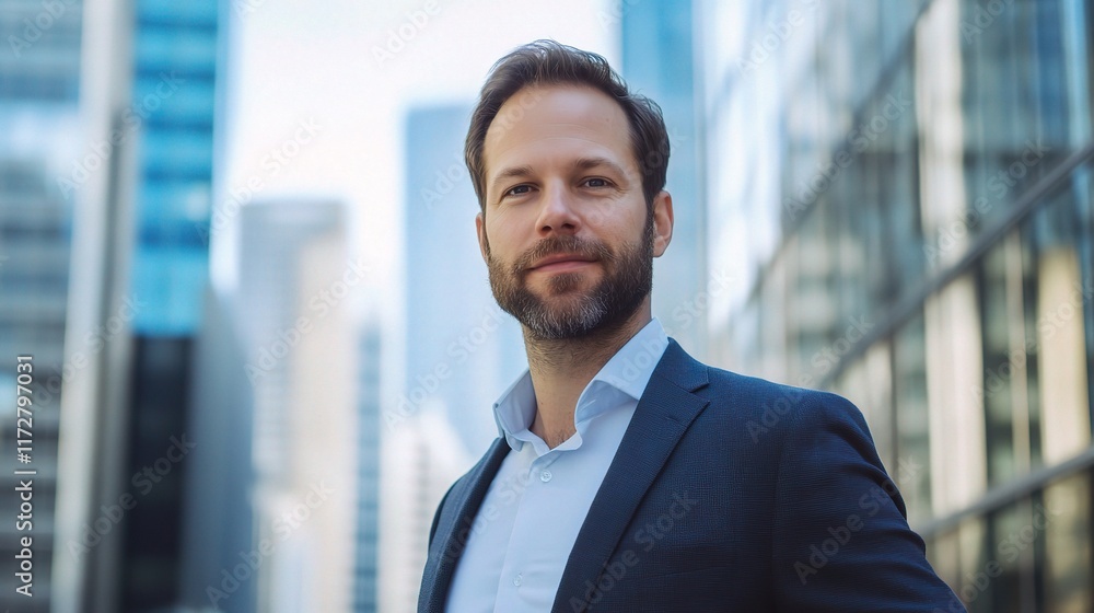 Fototapeta premium Confident Businessman Standing in Front of Modern Office Building