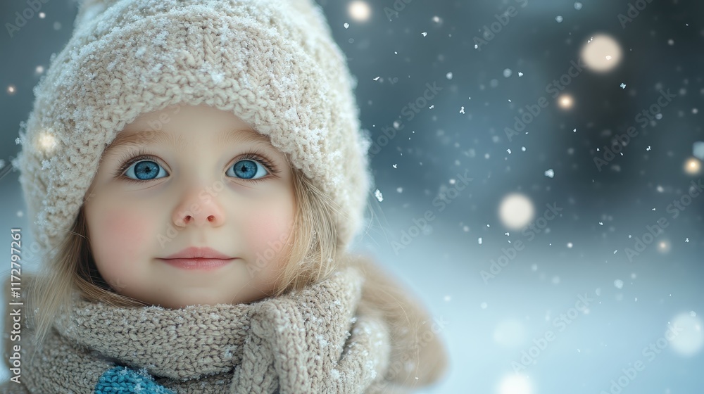 Glowing Snowfall with Shimmering Particles and a Smiling Child in Winter Wonderland Glowing Snowfall with Shimmering Particles and a Smiling Child in Winter Wonderland