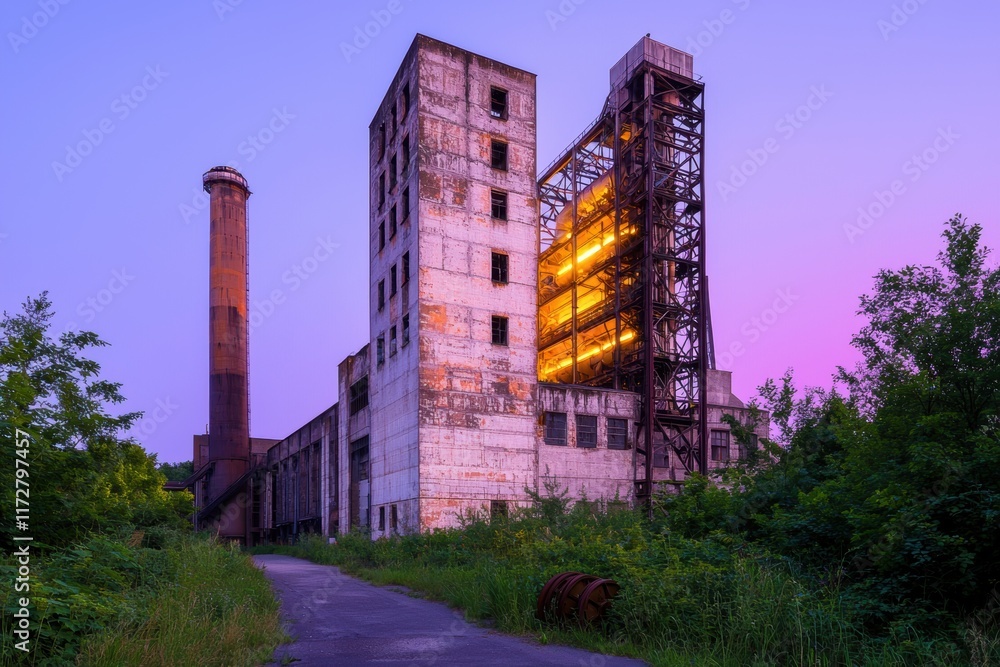 Abandoned Industrial Building with Vibrant Sunset Glow and Vegetation Abandoned Industrial Building with Vibrant Sunset Glow and Vegetation