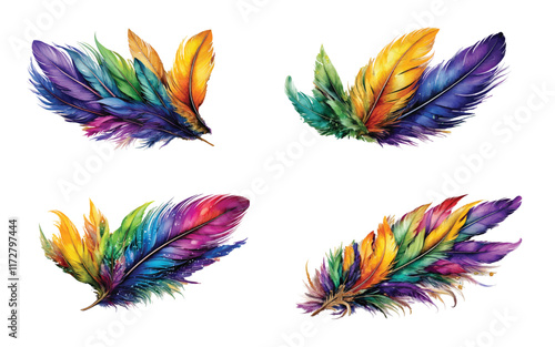 Watercolor Mardi Gras Feather Clipart isolated background template