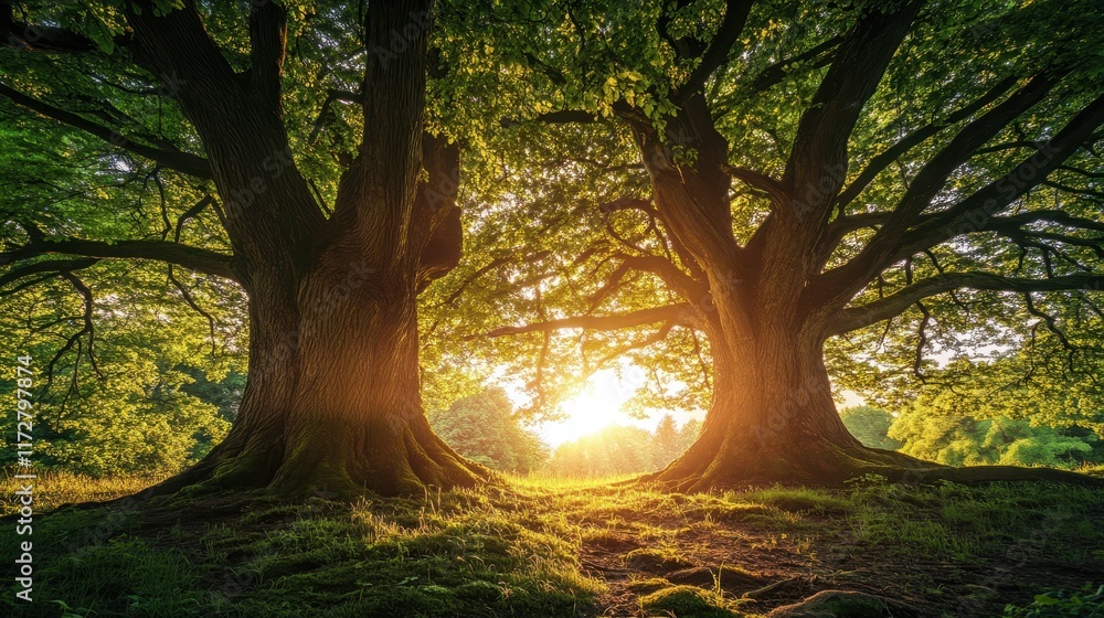 Fototapeta premium Majestic tree standing tall under the golden sunlight in a serene forest during the early morning hours