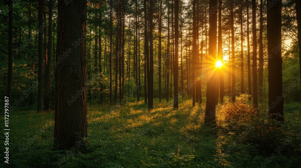 Obraz premium Majestic tree standing tall under the golden sunlight in a serene forest during the early morning hours