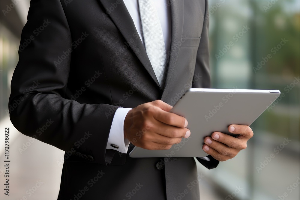 Businessman navigating on a digital tablet, working in a corporate environment Businessman navigating on a digital tablet, working in a corporate environment