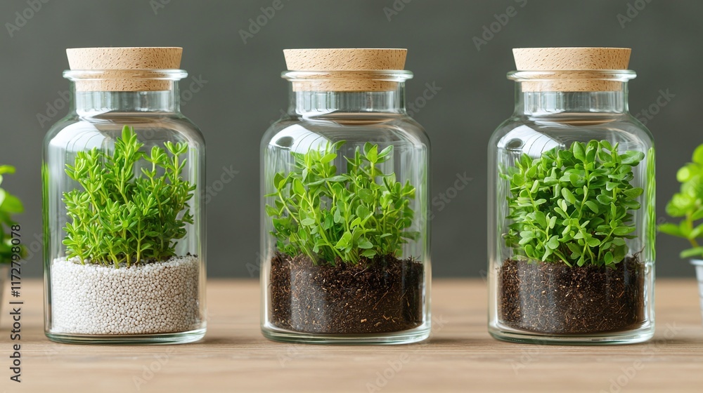 Three glass jars with small plants and different soil types on wooden surface. Three glass jars with small plants and different soil types on wooden surface.