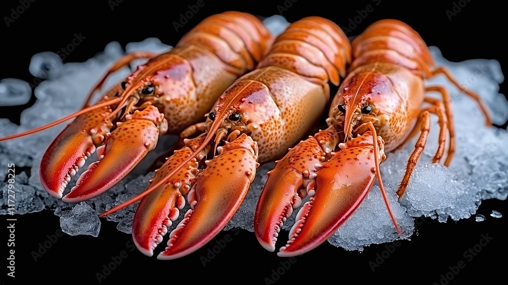 Three fresh cooked lobsters on ice. Three fresh cooked lobsters on ice.
