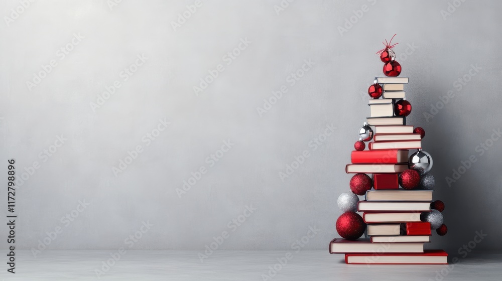 A creative stack of books arranged to resemble a Christmas tree, decorated with red and silver ornaments, set against a minimalist background.
