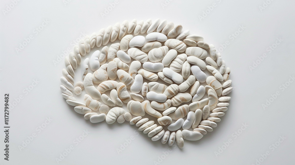 tablets are formed in shape of brain on white background tablets are formed in shape of brain on white background