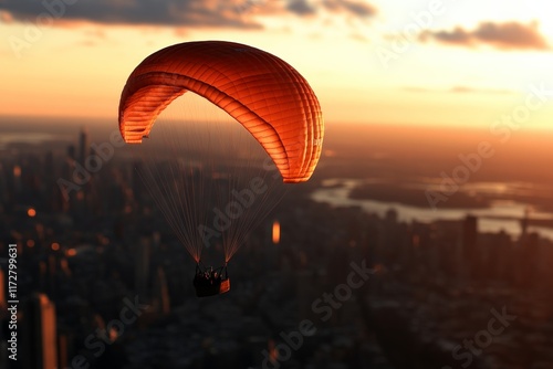 Sunset paragliding over a vibrant cityscape showcasing evening light and sweeping views from above photo