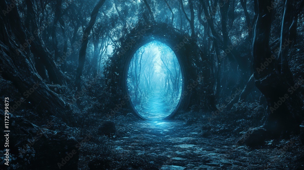 Fototapeta premium Mysterious enchanted mirror in a dark forest surrounded by dense foliage and mist