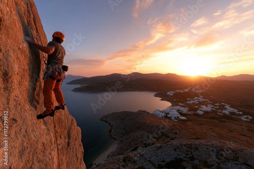 Climber scaling a rocky cliff during sunset near a coastal village in Greece