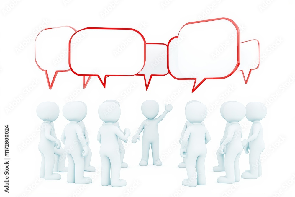 White 3D figures in a group with raised hands, surrounded by red-bordered blank speech bubbles on a white background, concept of communication. Ai generative. White 3D figures in a group with raised hands, surrounded by red-bordered blank speech bubbles on a white background, concept of communication. Ai generative.