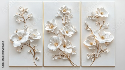 Beautiful white floral wall art displayed in a modern living room with warm lighting