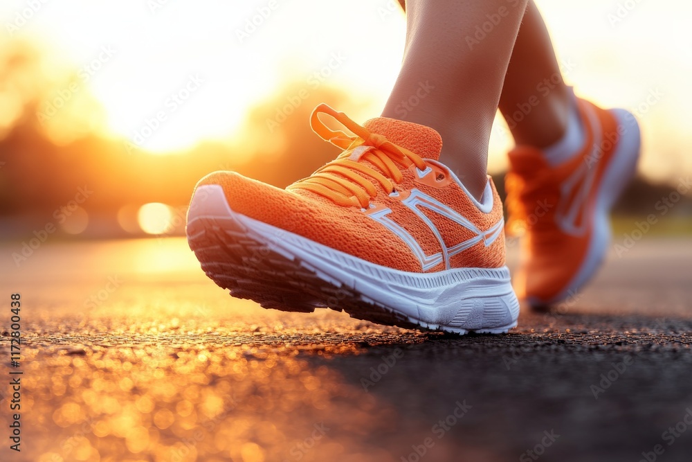 Naklejka premium Bright orange running shoes on a sunny evening during a fitness routine on a paved path