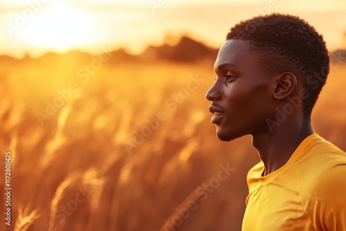 Individual in yellow shirt stands in golden sunlight during a calm evening in a field of tall grass