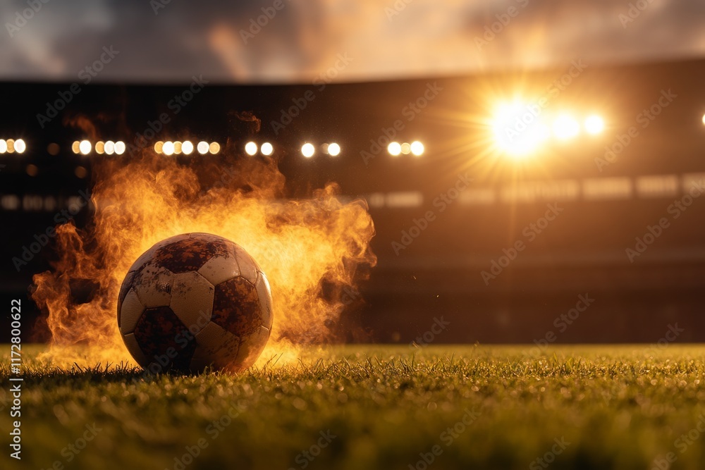 Fototapeta premium Soccer ball ignites on field under dramatic sunset and stadium lights