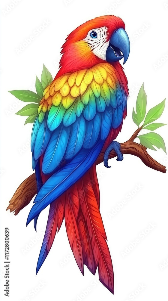 Obraz premium A colorful parrot perched on a branch, showcasing vibrant feathers and tropical leaves.