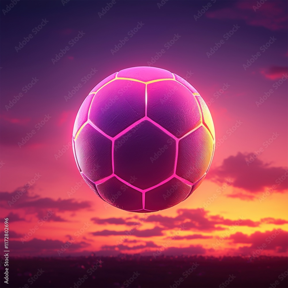 Fototapeta premium Futuristic Soccer Ball with Neon Glow Against Sunset Background