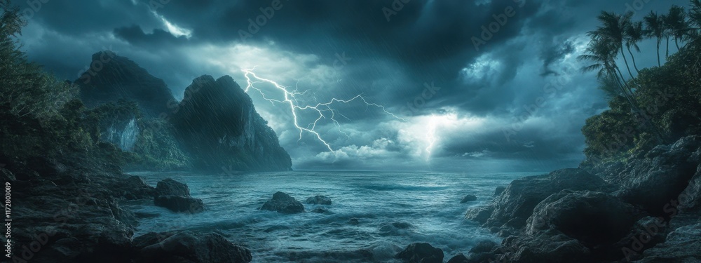 Dramatic display of tropical storms with lightning illuminating a stormy seascape at dusk near rocky coastline