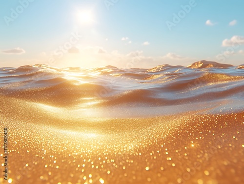 Golden sunset ocean waves with glittering sand.