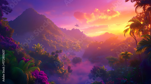 Fototapeta Naklejka Na Ścianę i Meble -  A magical jungle glowing with radiant hues under a vibrant twilight sky 