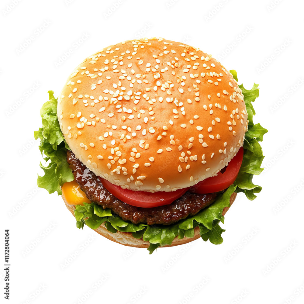 Delicious Burger: A mouthwatering burger featuring a juicy patty, fresh lettuce, ripe tomato, and melted cheese nestled within a sesame seed bun, captured in a photorealistic image.