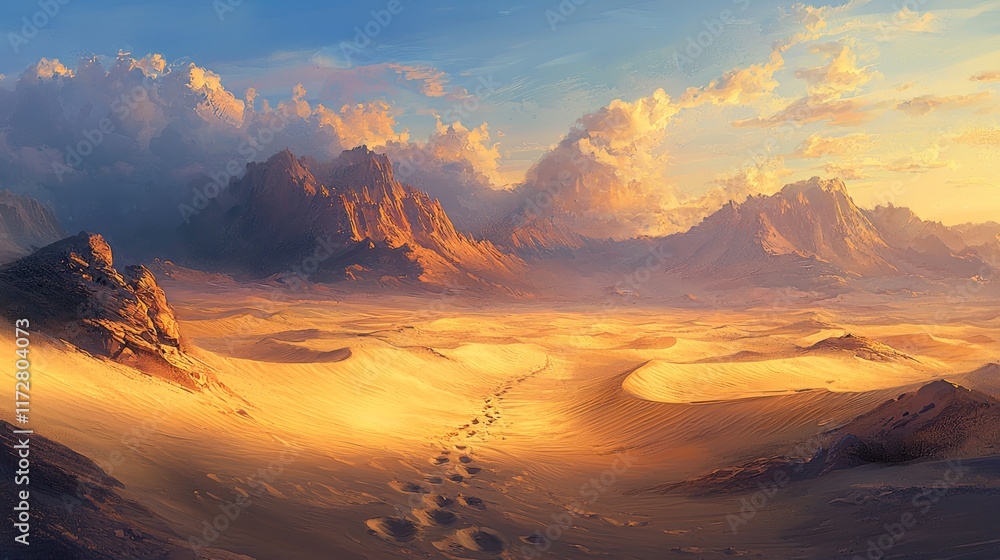 Naklejka premium Golden Sunrise Over Desert Dunes with Footprints Leading to Mountains