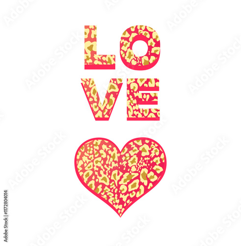 Love word and heart shape print with jaguar, leopard, cheetah, panther animal skin pattern on white background. Fashion t shirt design variation.eps