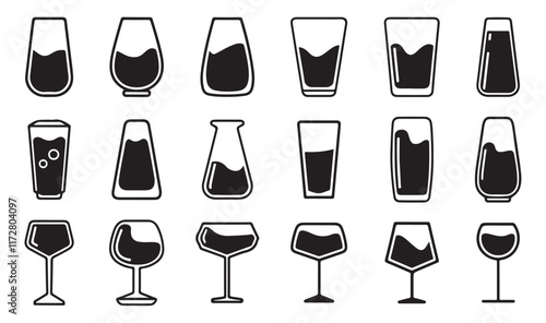 Water glass icon collection on white background