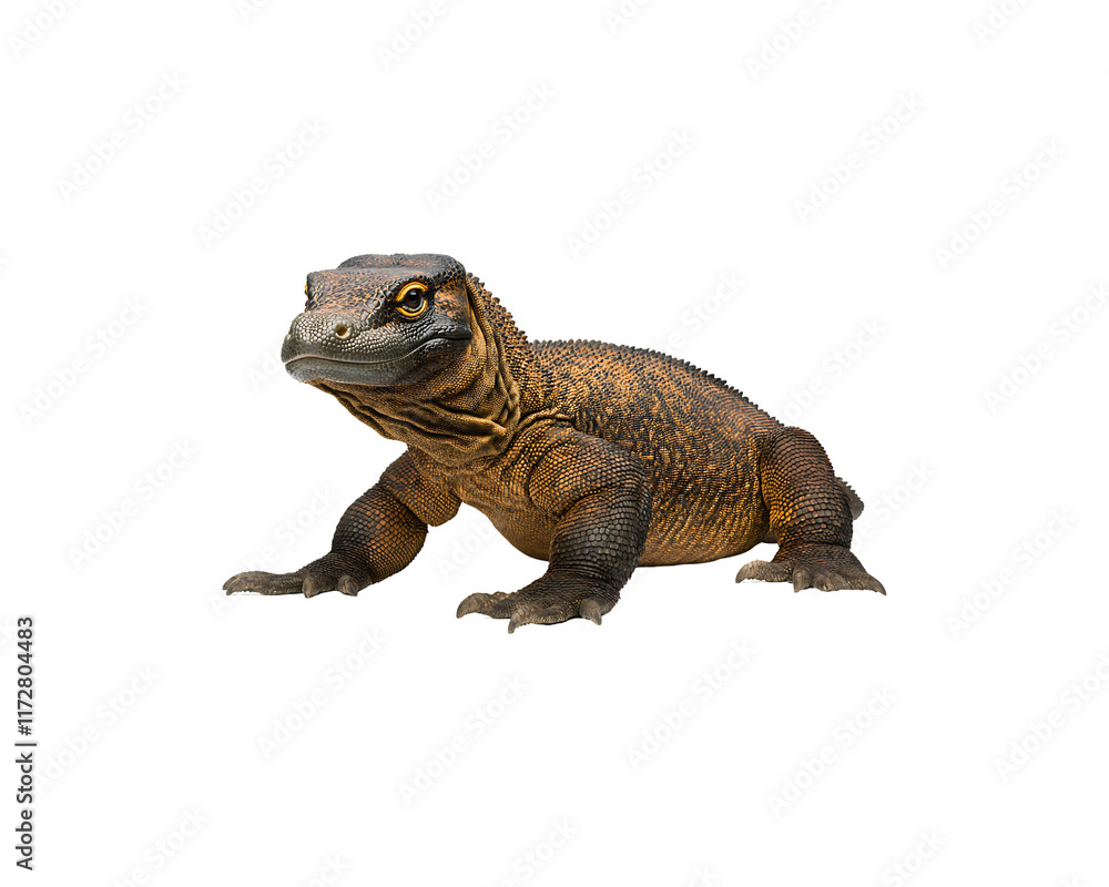 Obraz premium A Komodo dragon, isolated on a black background.