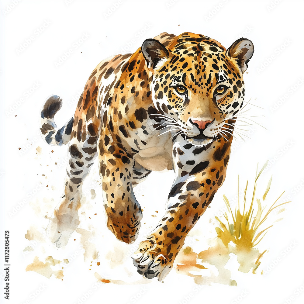 Obraz premium Illustration of the Jaguar running towards, soft watercolor tones, white background, detailed illustration, cartoonish.