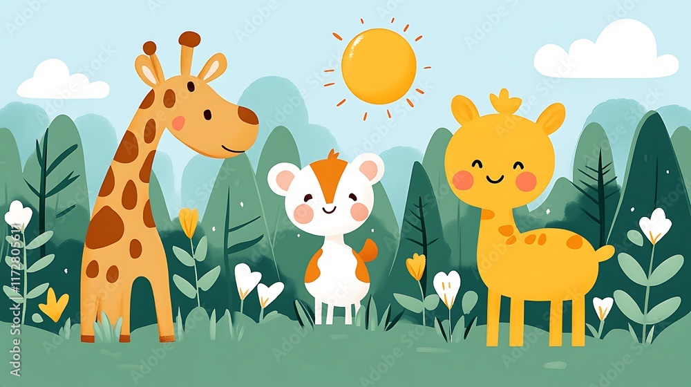 Naklejka premium Two Giraffes and a Small Animal in a Sunny Meadow