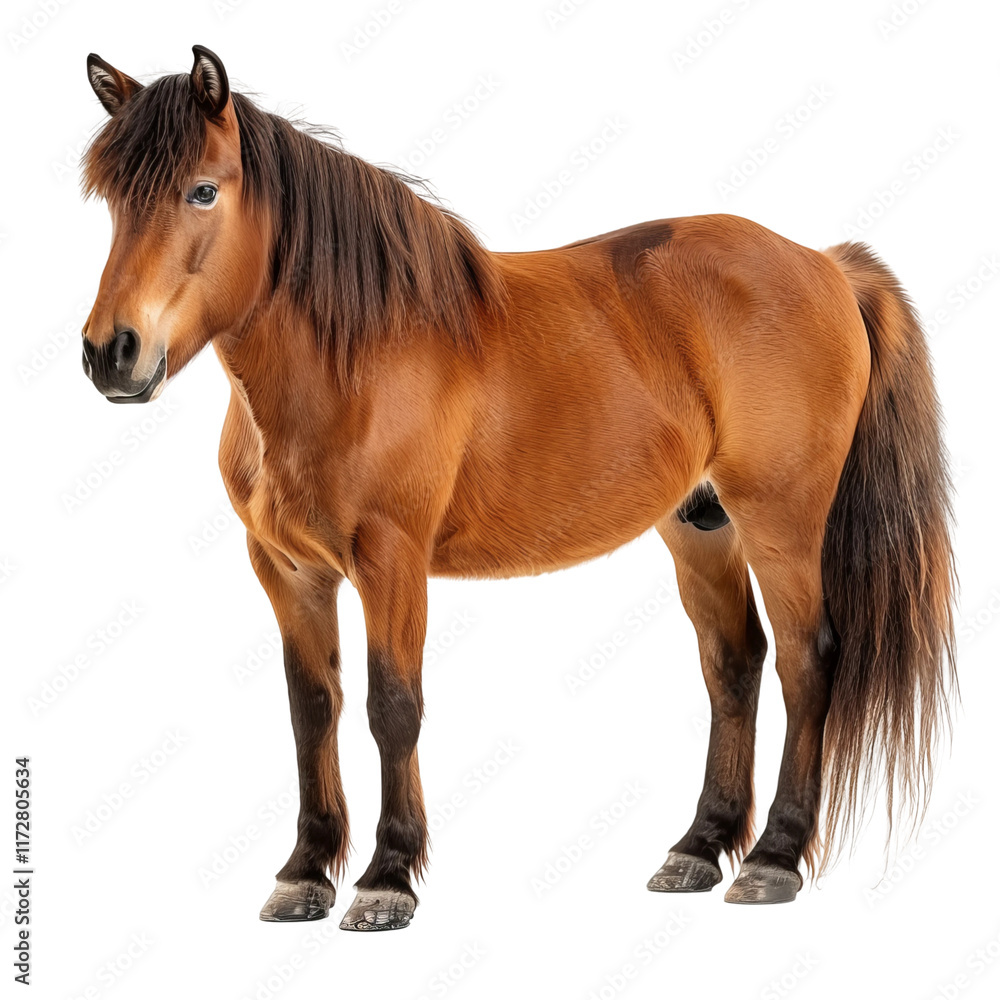 Obraz premium Majestic Brown Horse: A striking brown horse stands in full view, showcasing its powerful build and elegant mane. With a pose of confidence, this equine beauty is a symbol of grace and strength.