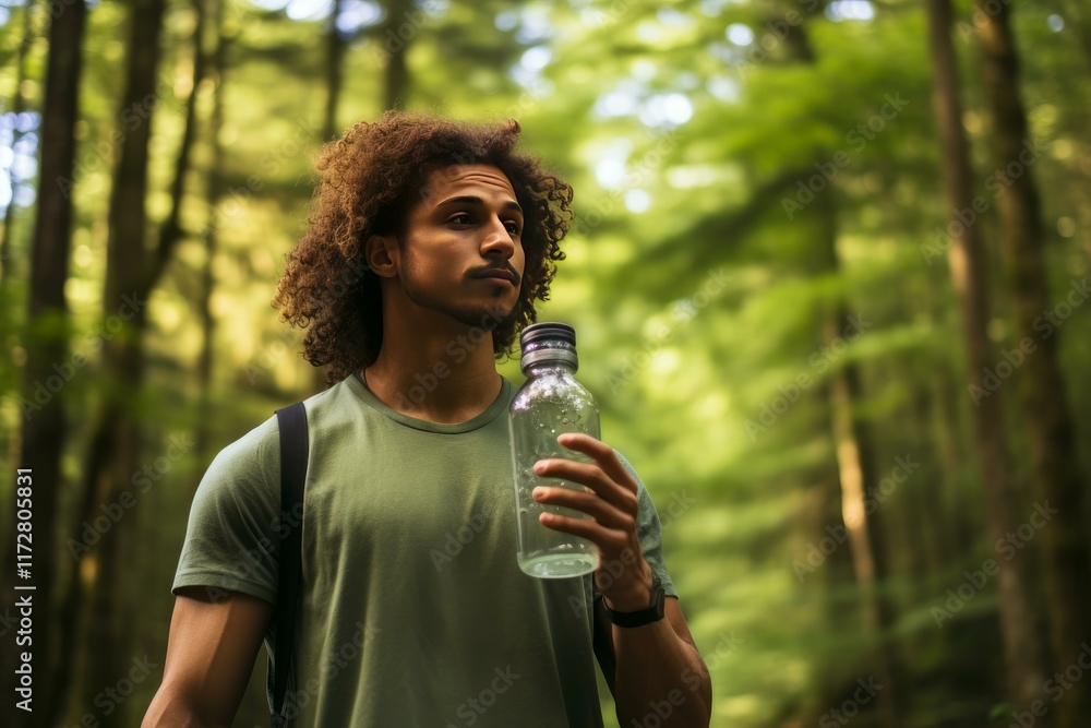Fototapeta premium Young hiker is drinking fresh water from reusable bottle in forest