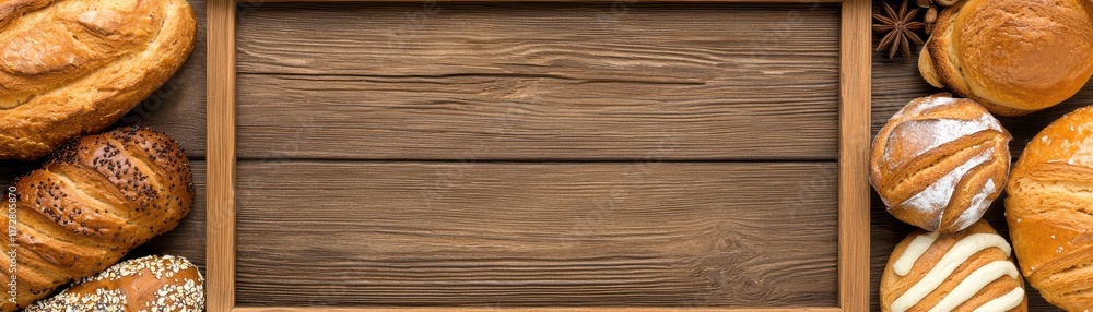 Fototapeta premium A rustic wooden background surrounded by various types of bread and pastries, creating a warm and inviting atmosphere.