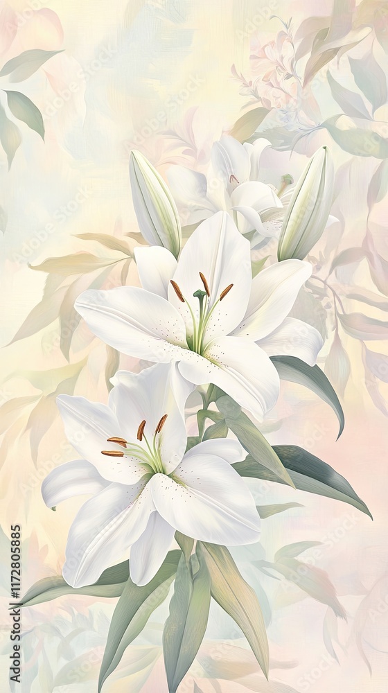 A serene illustration of white lilies against a soft pastel background. A serene illustration of white lilies against a soft pastel background.