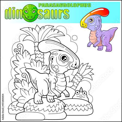 little cute prehistoric dinosaur parasaurolophus coloring book