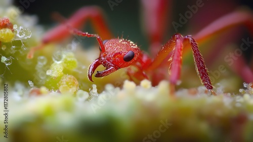 Close-up of a red ant foraging on a plant. photo