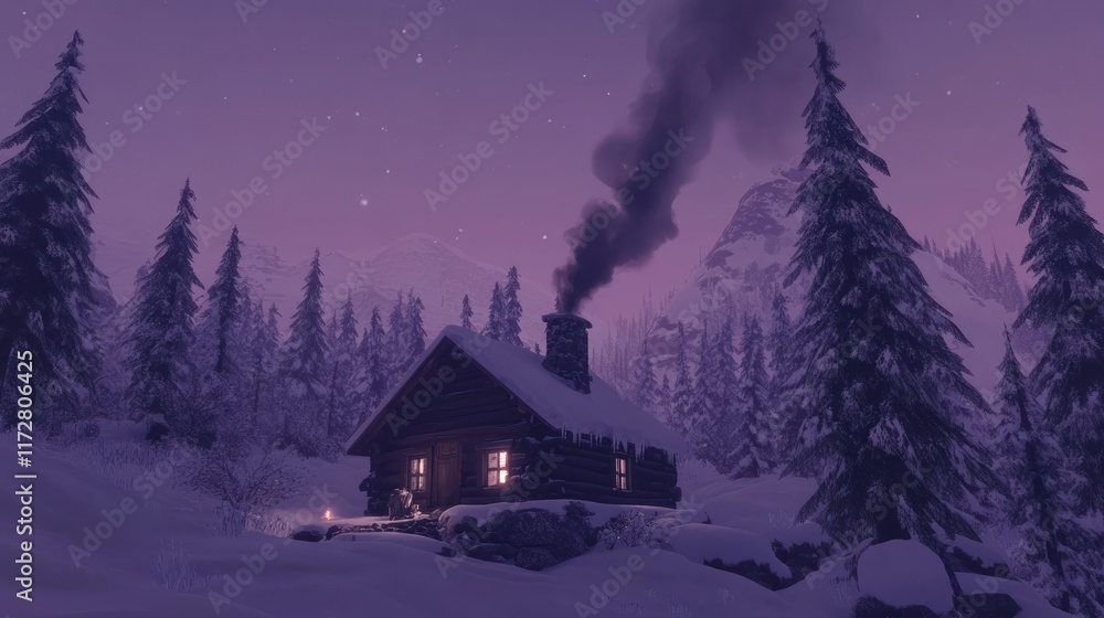 Cozy winter cabin nestled in snowy mountains at twilight. Cozy winter cabin nestled in snowy mountains at twilight.