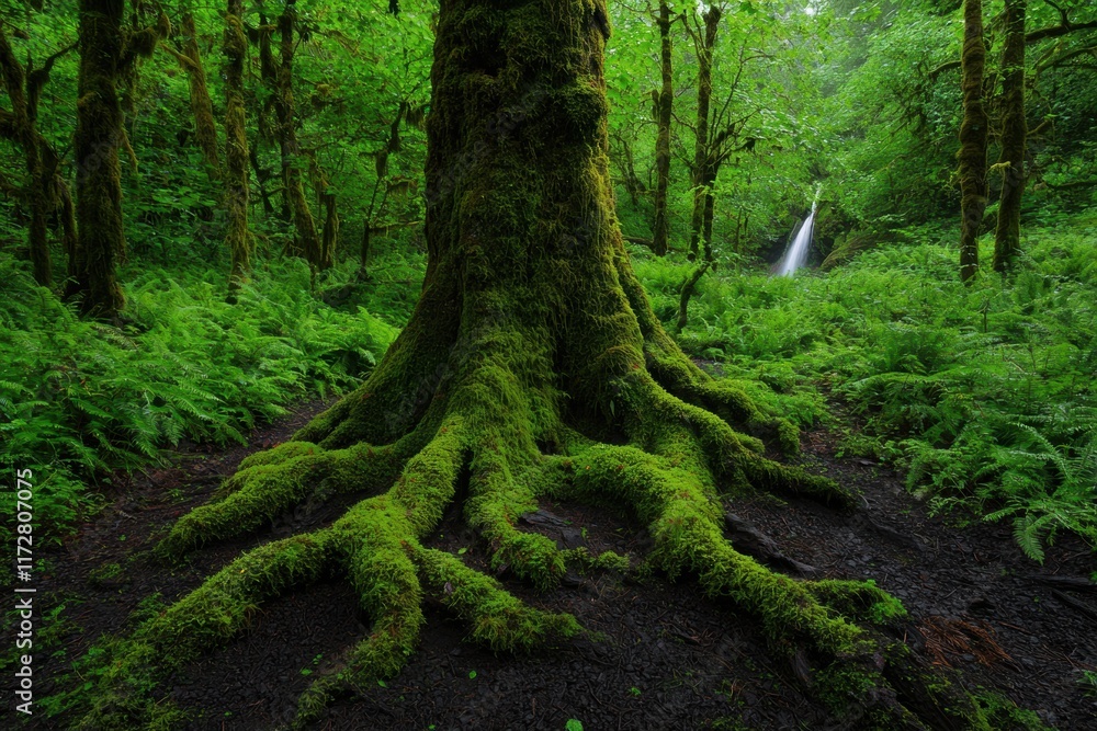 Majestic Tree Roots in Lush Green Forest with Waterfall Background Majestic Tree Roots in Lush Green Forest with Waterfall Background