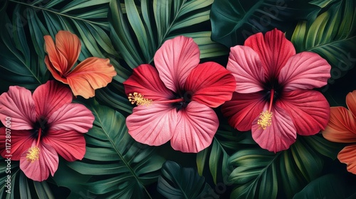 Wallpaper Mural Vibrant tropical vegetation with hibiscus flowers showcasing warm hues of red, pink, and orange amidst lush green foliage in a sunny environment Torontodigital.ca